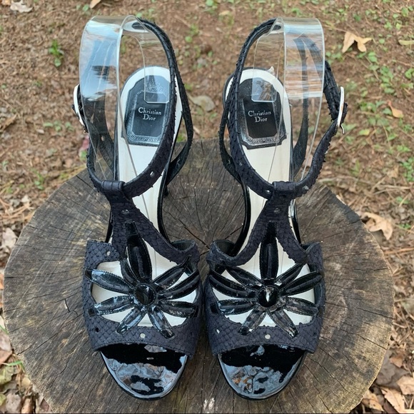 Christian Dior black Python and patent leather T strap ankle strap sandals 39 - Picture 6 of 16